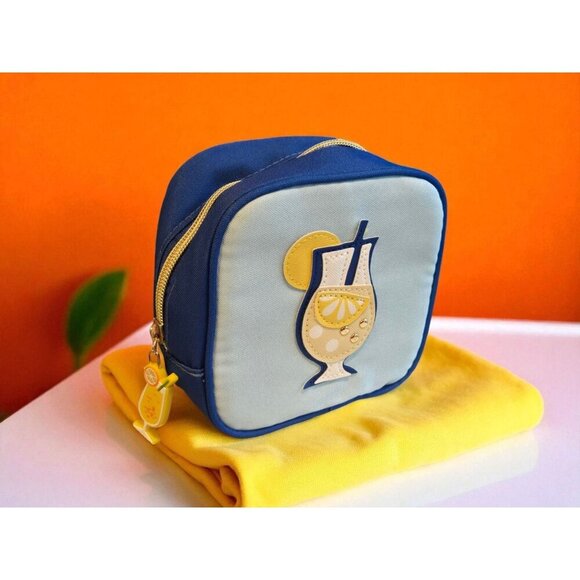 New Blue & Yellow Beach Cocktail Zipper Pouch Summer Travel Jewelry Box Case - Picture 1 of 2